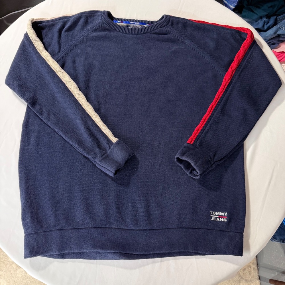Vintage Tommy Jeans Mens XXL Navy Blue Cable Stripe Crewneck Sweater Y2K Skater